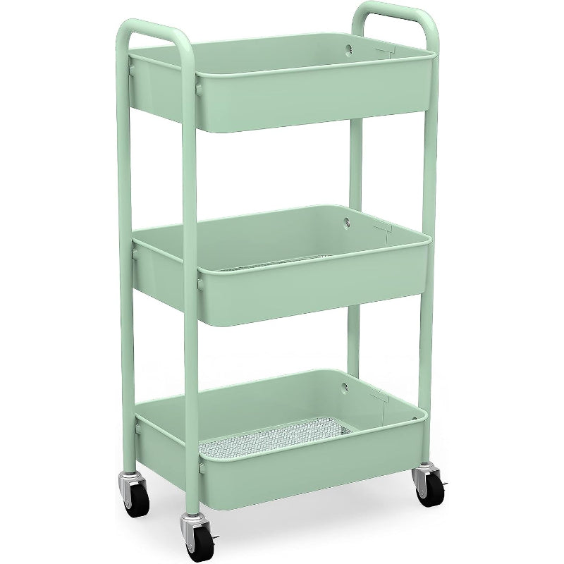 Green 3‑Tier Rolling Metal Storage Cart