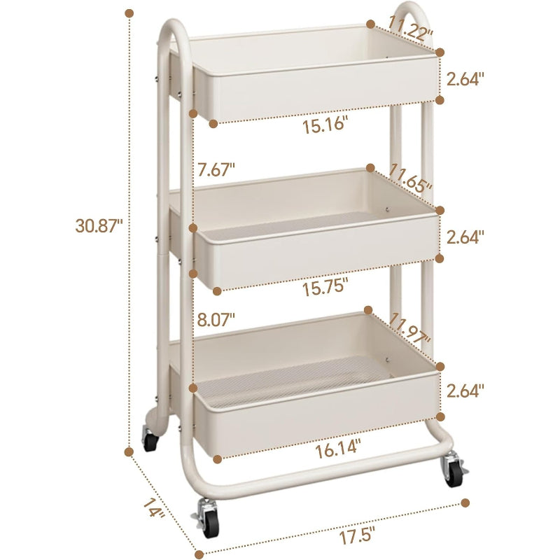 3‑Tier Metal Rolling Cart With Lockable Casters