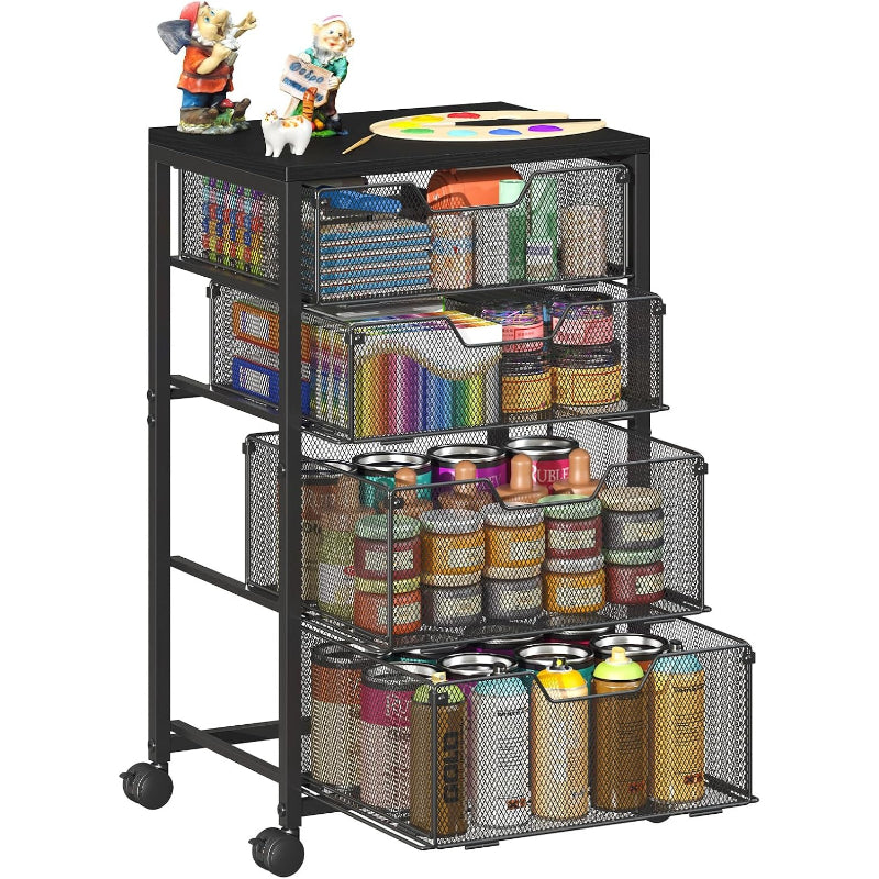 Rolling Cart With Wood Top & 4 Mesh Drawers