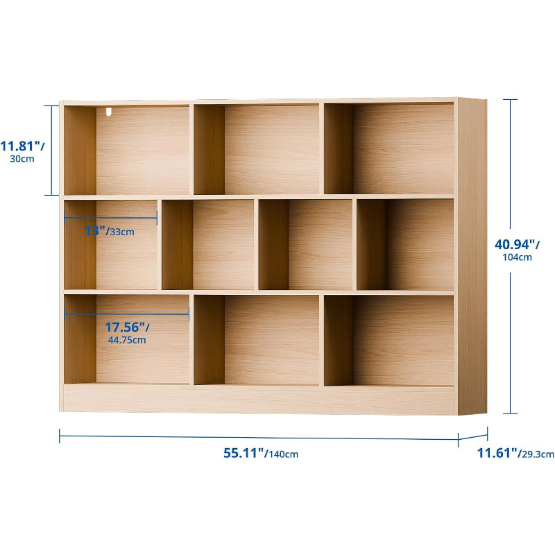 Oak 10‑Cube 3‑Tier Bookshelf