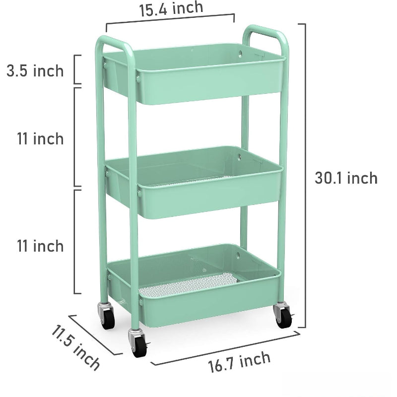 Green 3‑Tier Rolling Metal Storage Cart