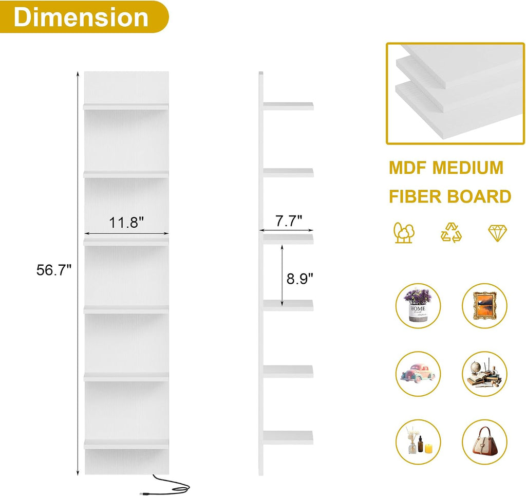White 6‑Tier Floating Wall Shelf With RGB LED