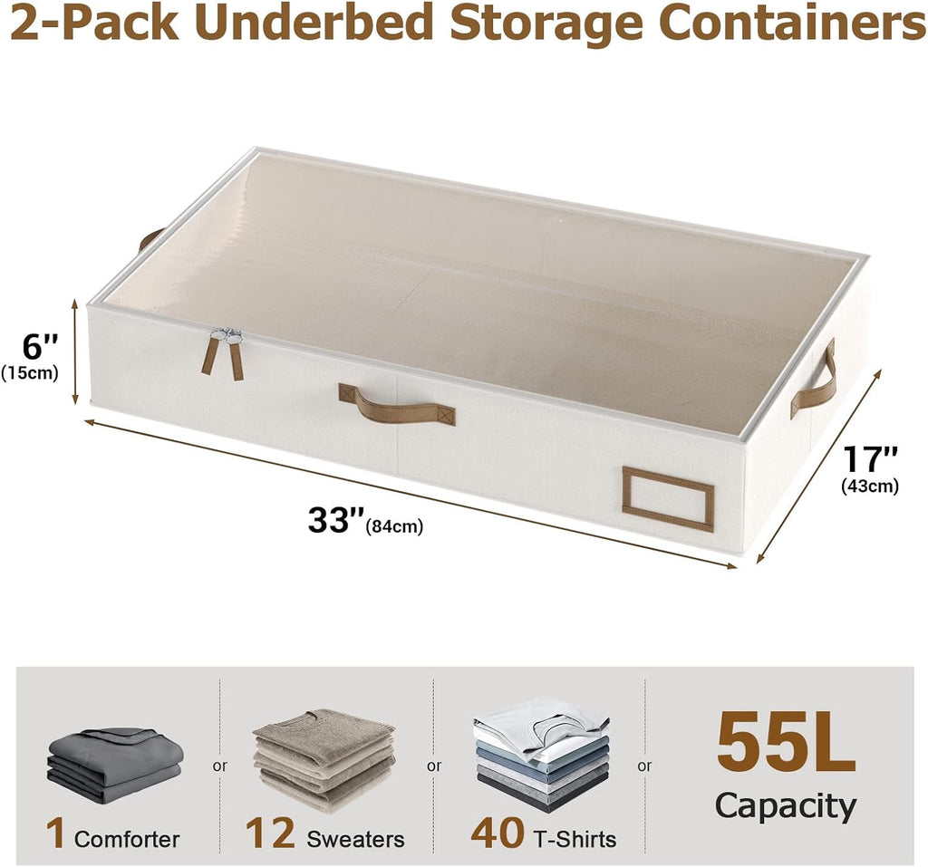 Beige 2‑Pack Collapsible Under‑Bed Storage Bins