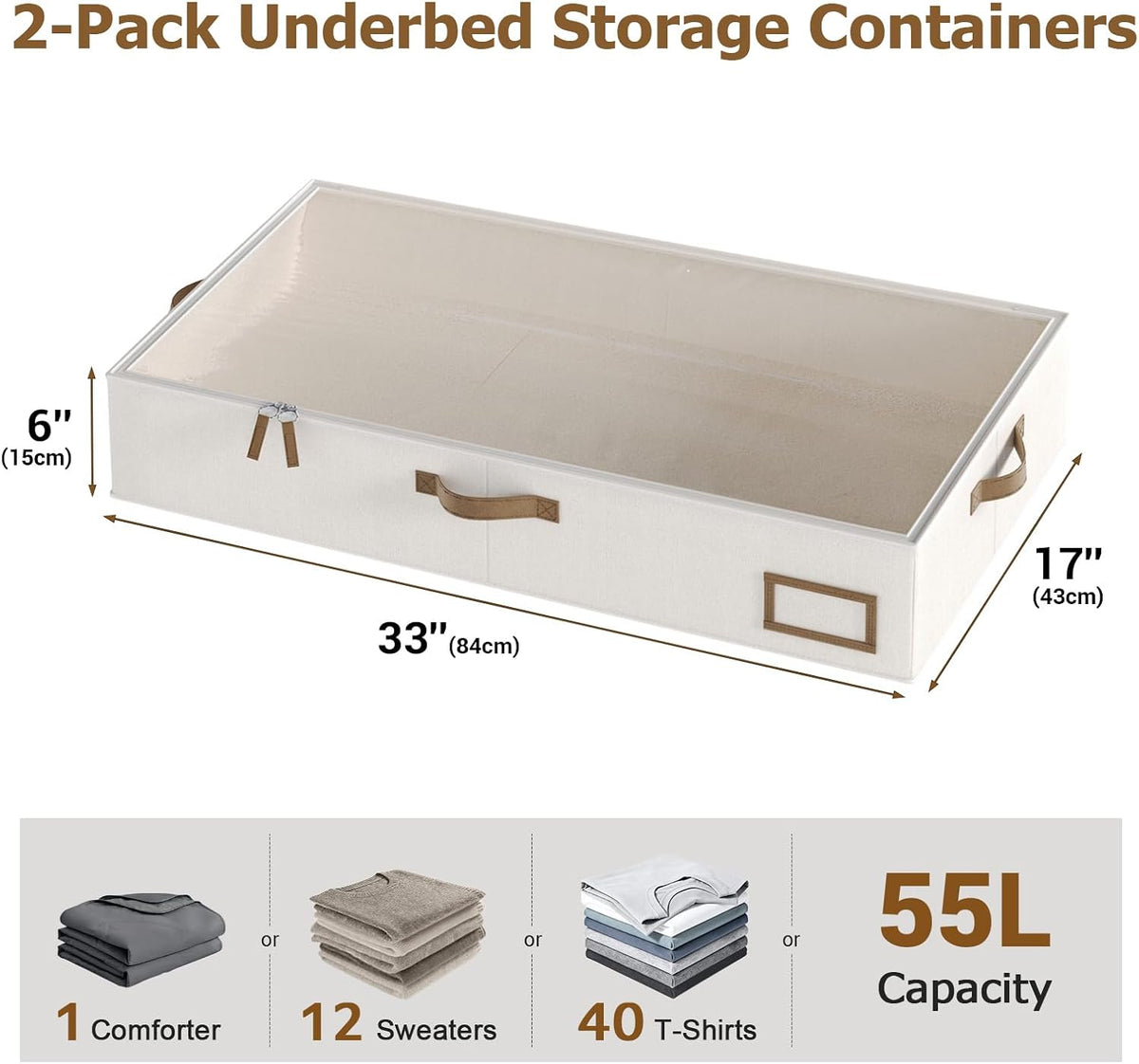 Beige 2‑Pack Collapsible Under‑Bed Storage Bins