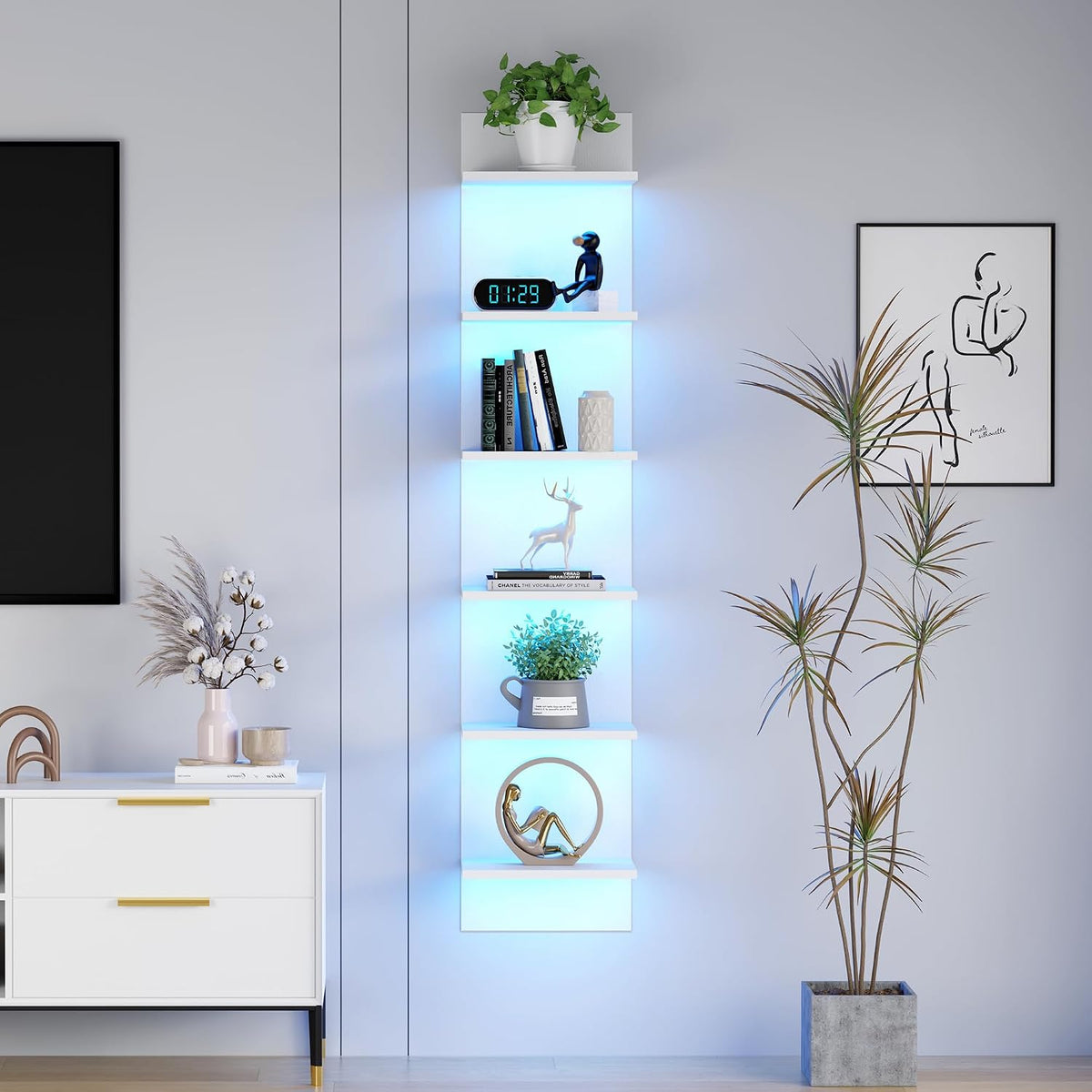 White 6‑Tier Floating Wall Shelf With RGB LED