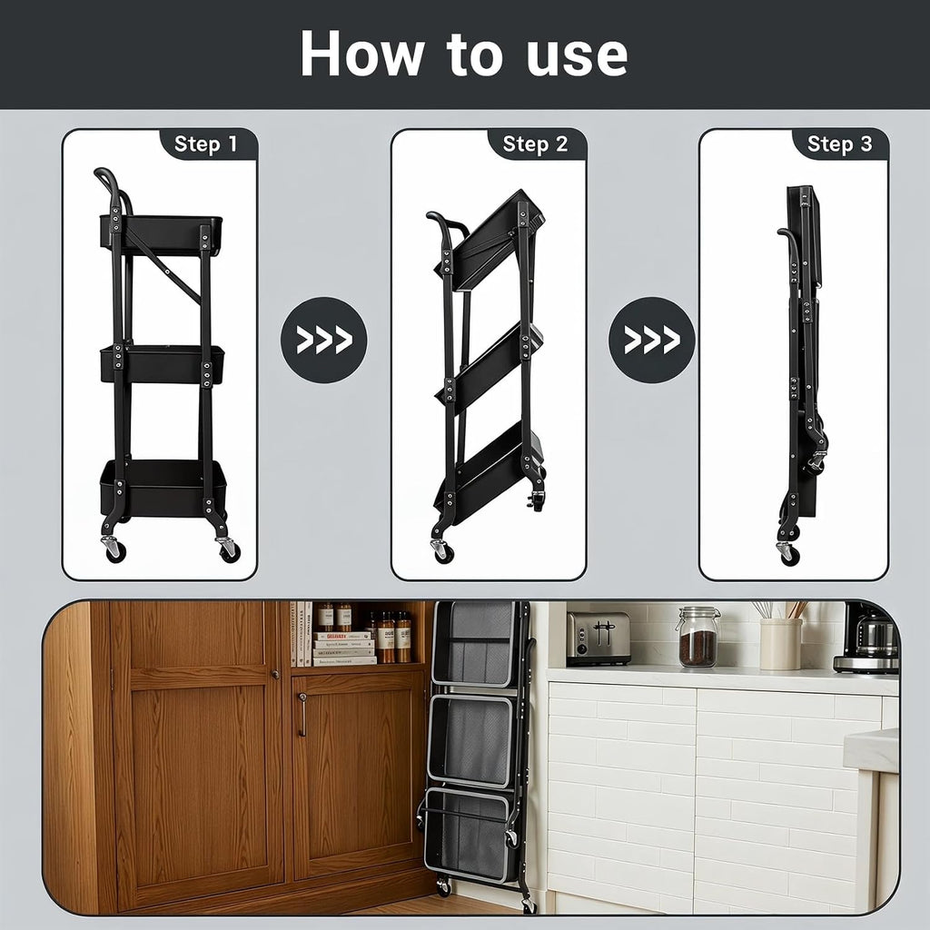Black Foldable Rolling Cart With Hooks & Cups