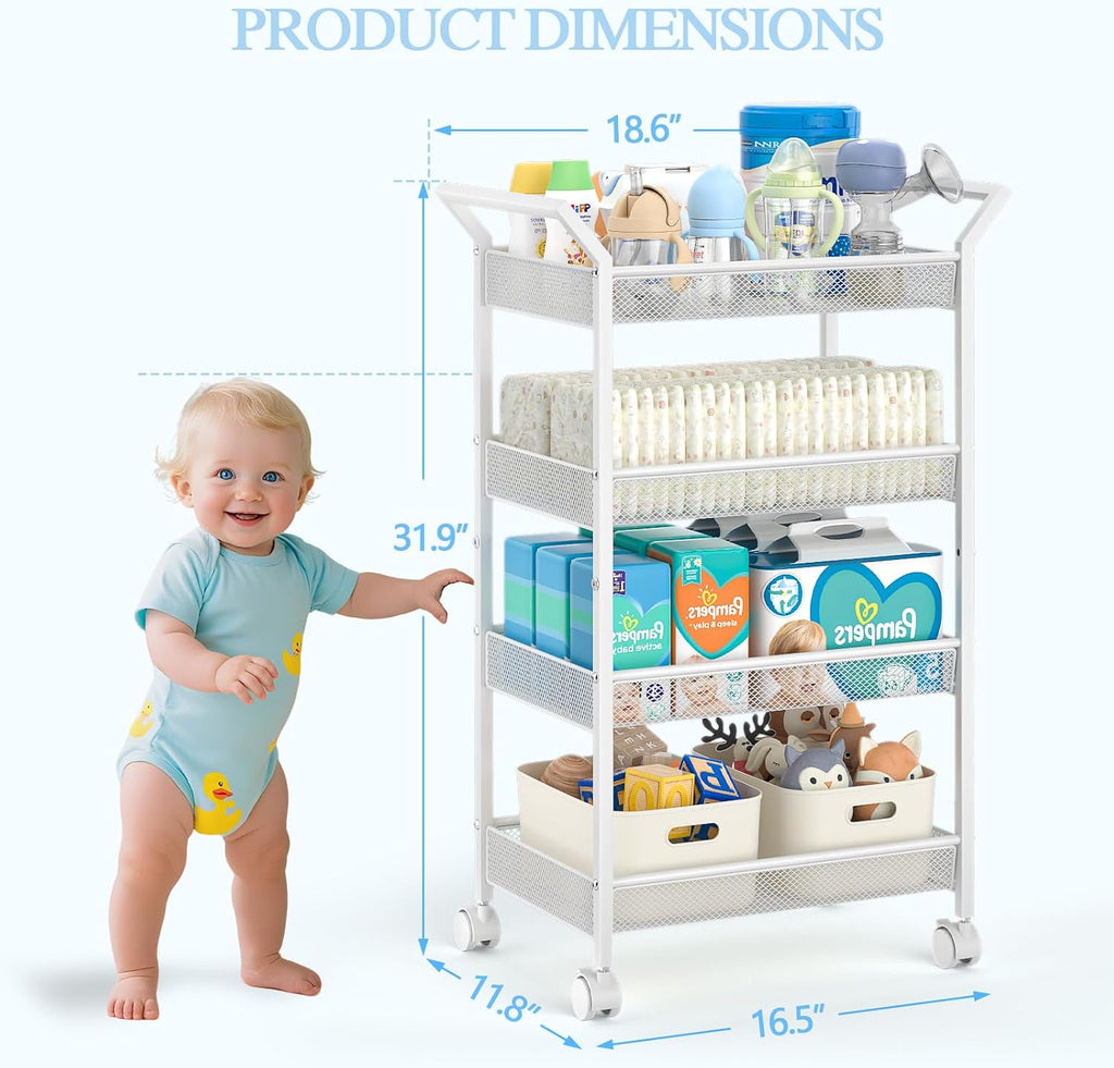 White 4‑Tier Rolling Baby Diaper Caddy Cart