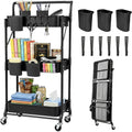 Black Foldable Rolling Cart With Hooks & Cups