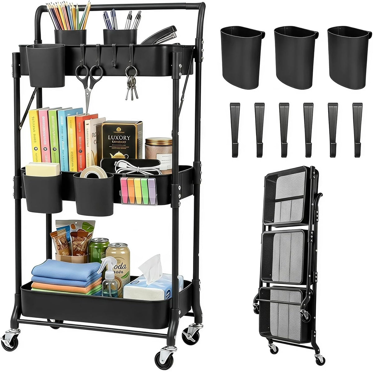 Black Foldable Rolling Cart With Hooks & Cups