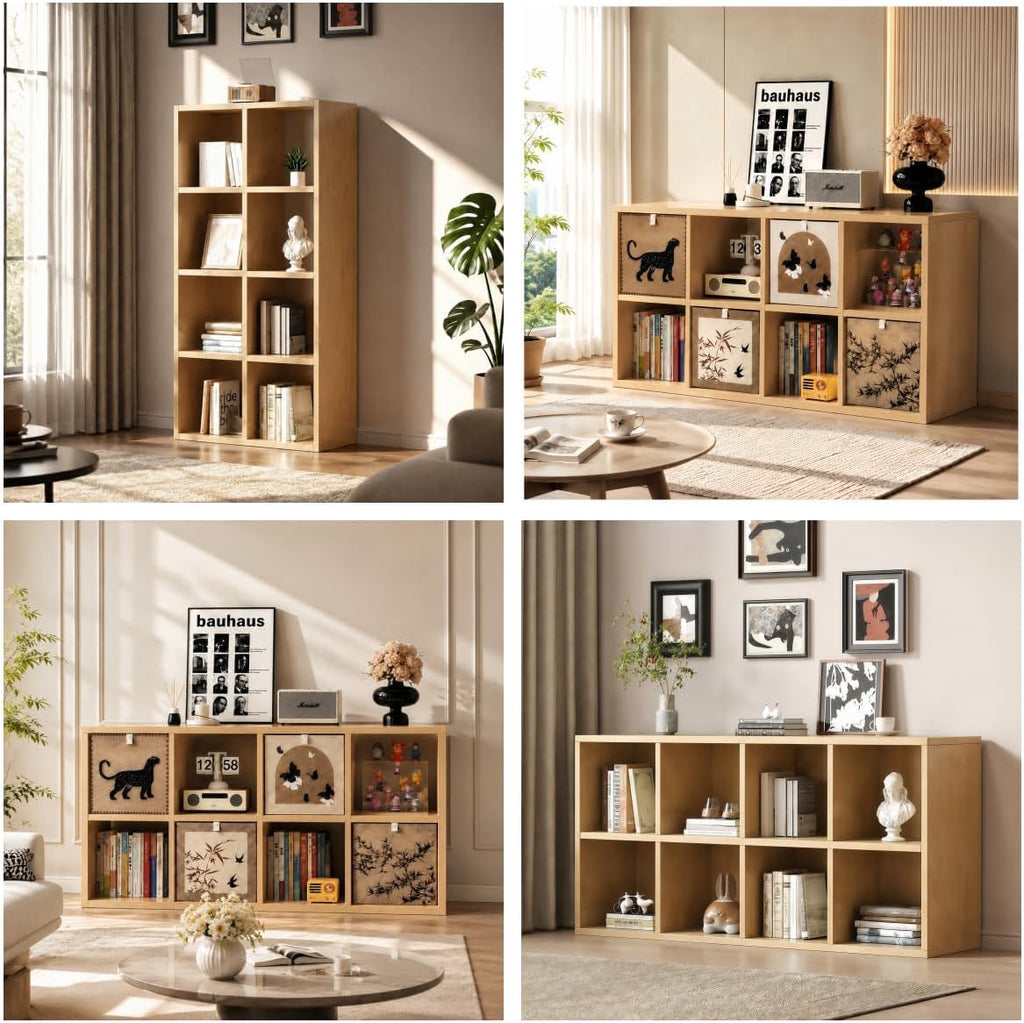 8‑Cube Low Bookshelf With 4 Bins