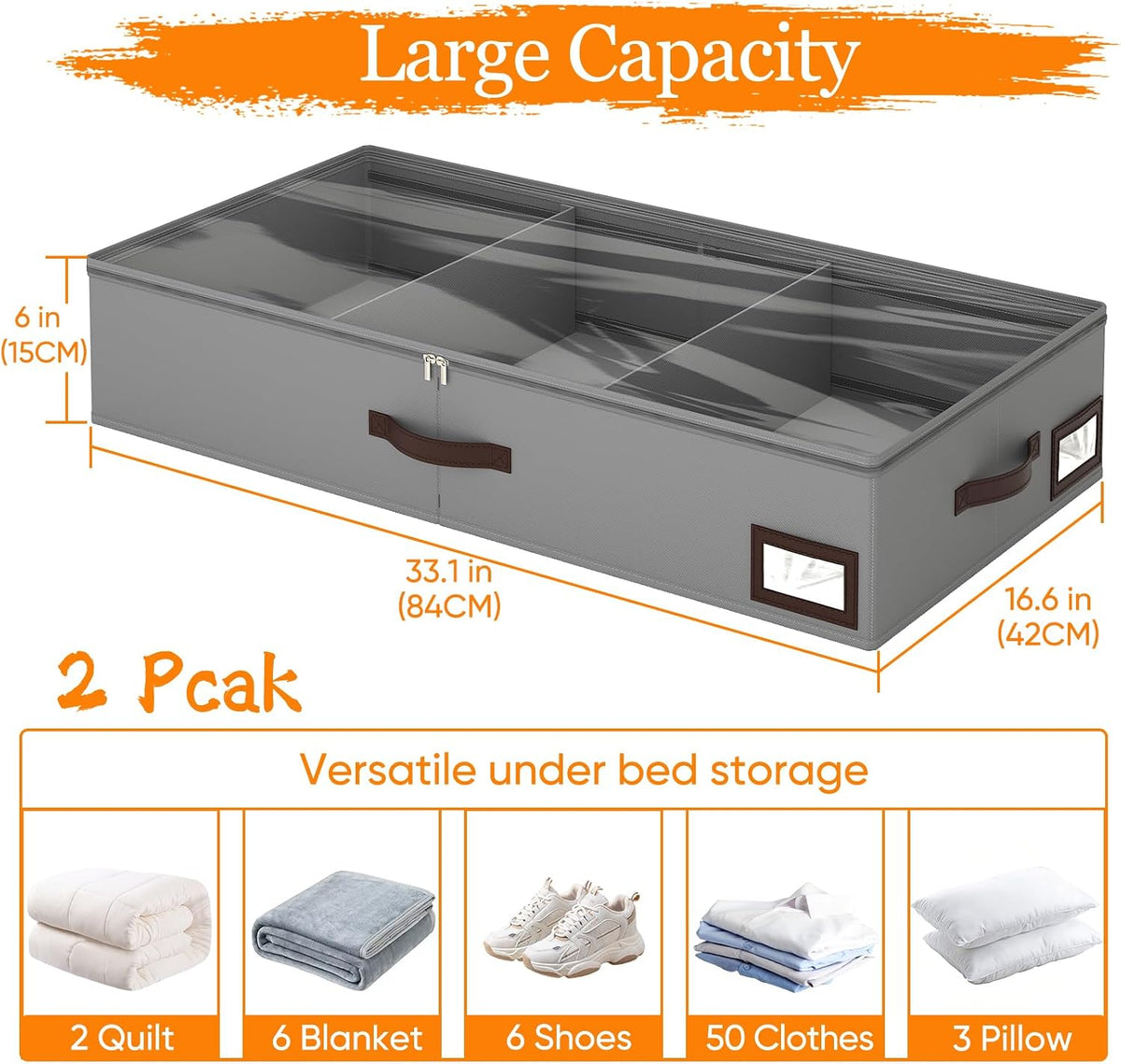 Grey 2‑Pack Under‑Bed Bins With Dividers