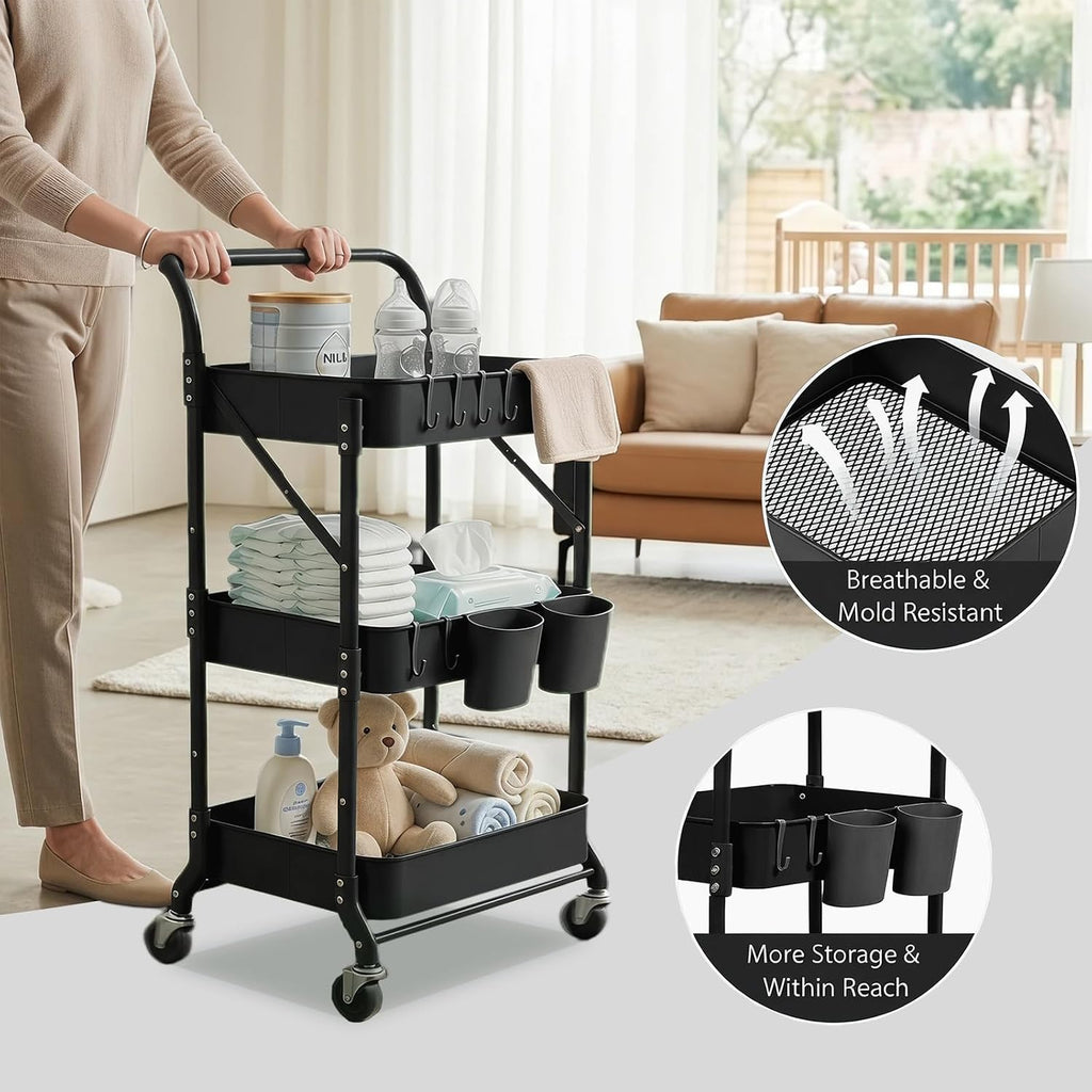 Black Foldable Rolling Cart With Hooks & Cups