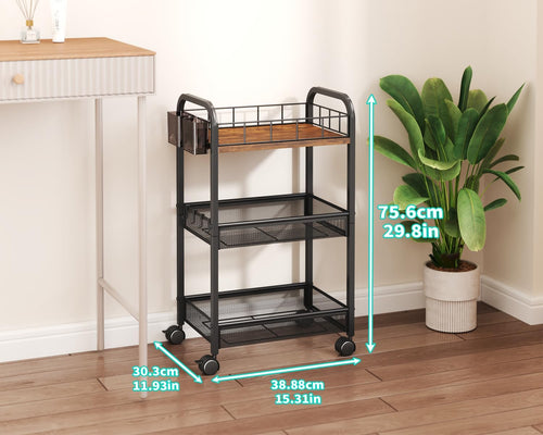 3‑Tier Metal Rolling Cart With Locking Wheels