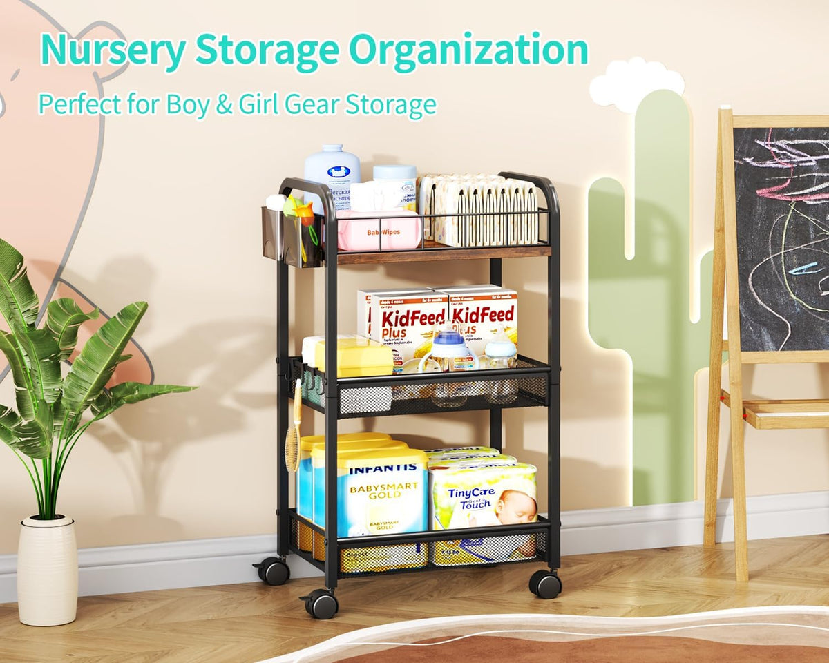 3‑Tier Metal Rolling Cart With Locking Wheels