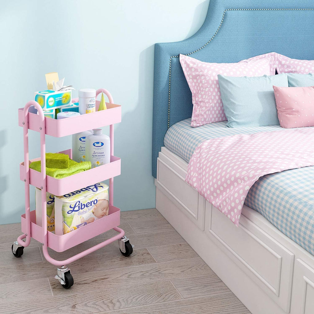 3‑Tier Pink Metal Rolling Utility Cart