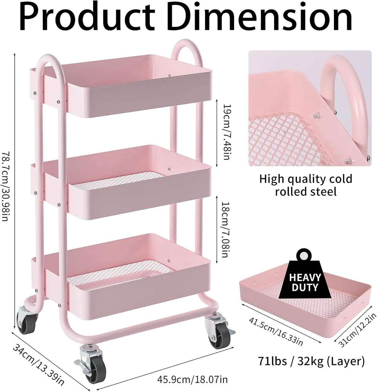 3‑Tier Pink Metal Rolling Utility Cart