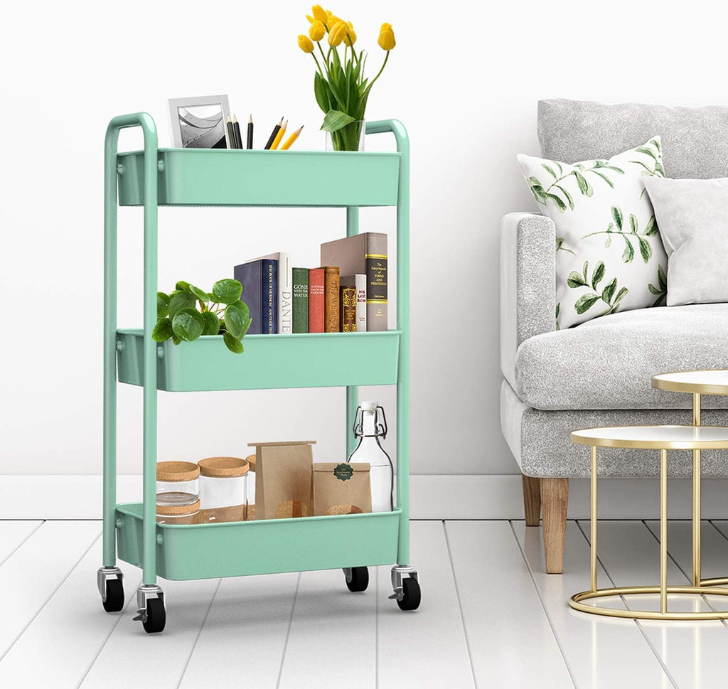 Green 3‑Tier Rolling Metal Storage Cart