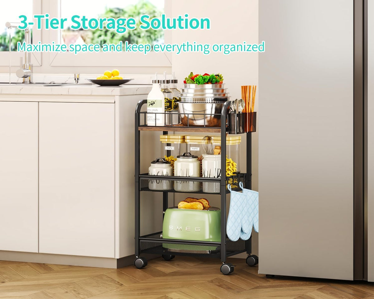 3‑Tier Metal Rolling Cart With Locking Wheels