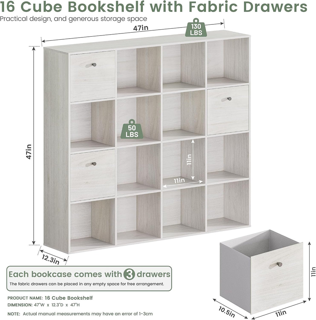 16‑Cube Bookshelf With 2 Fabric Drawers