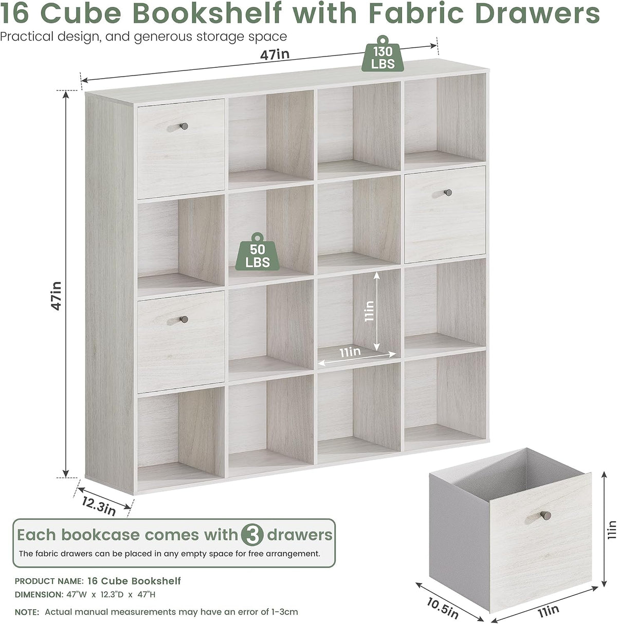 16‑Cube Bookshelf With 2 Fabric Drawers
