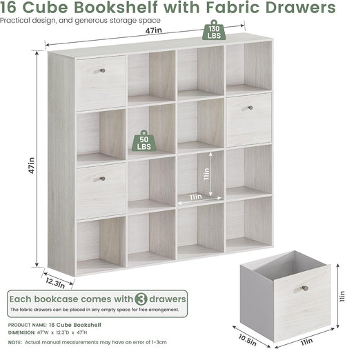 16‑Cube Bookshelf With 2 Fabric Drawers