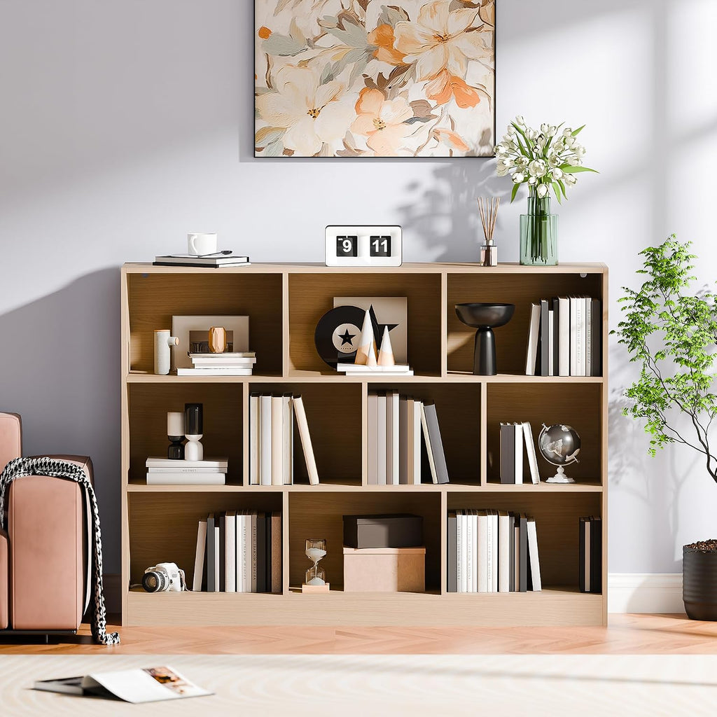 Oak 10‑Cube 3‑Tier Bookshelf