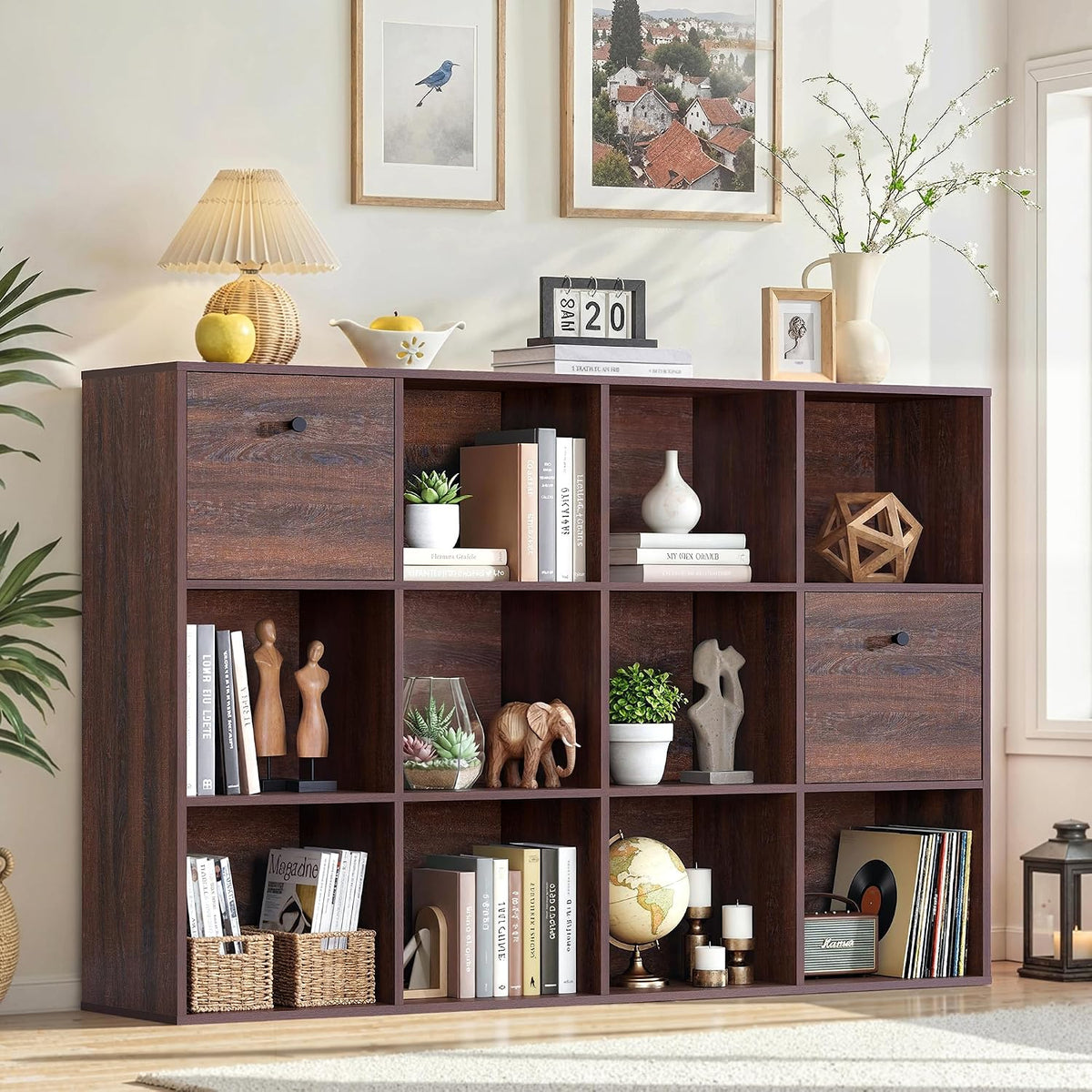 12‑Cube Bookshelf With 2 Fabric Drawers