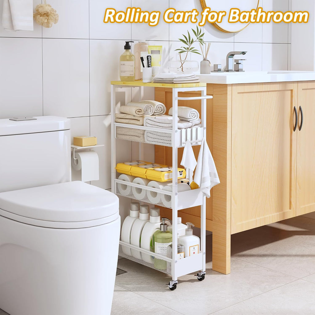 4‑Tier Slim Rolling Metal Storage Cart With Wood Top