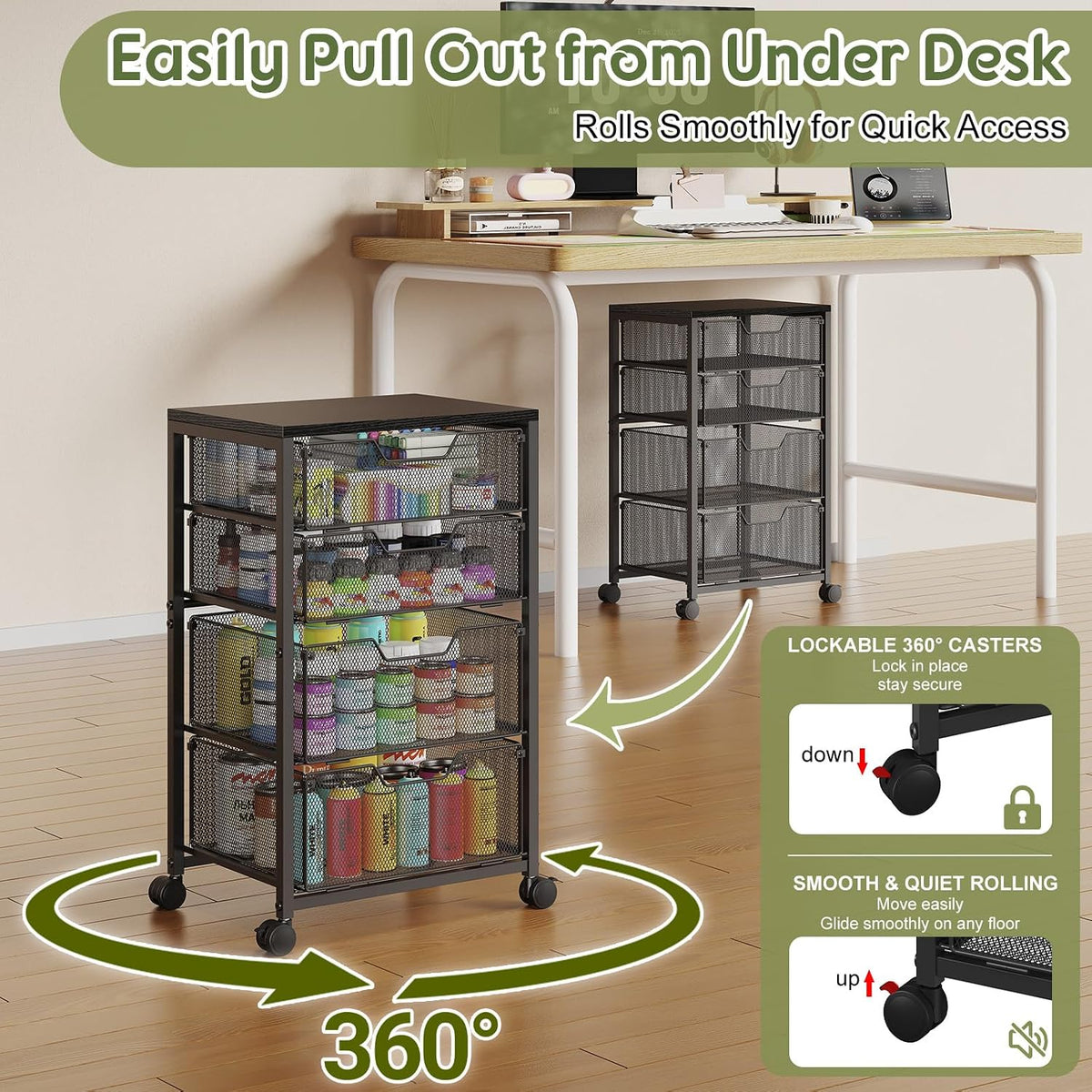 Rolling Cart With Wood Top & 4 Mesh Drawers