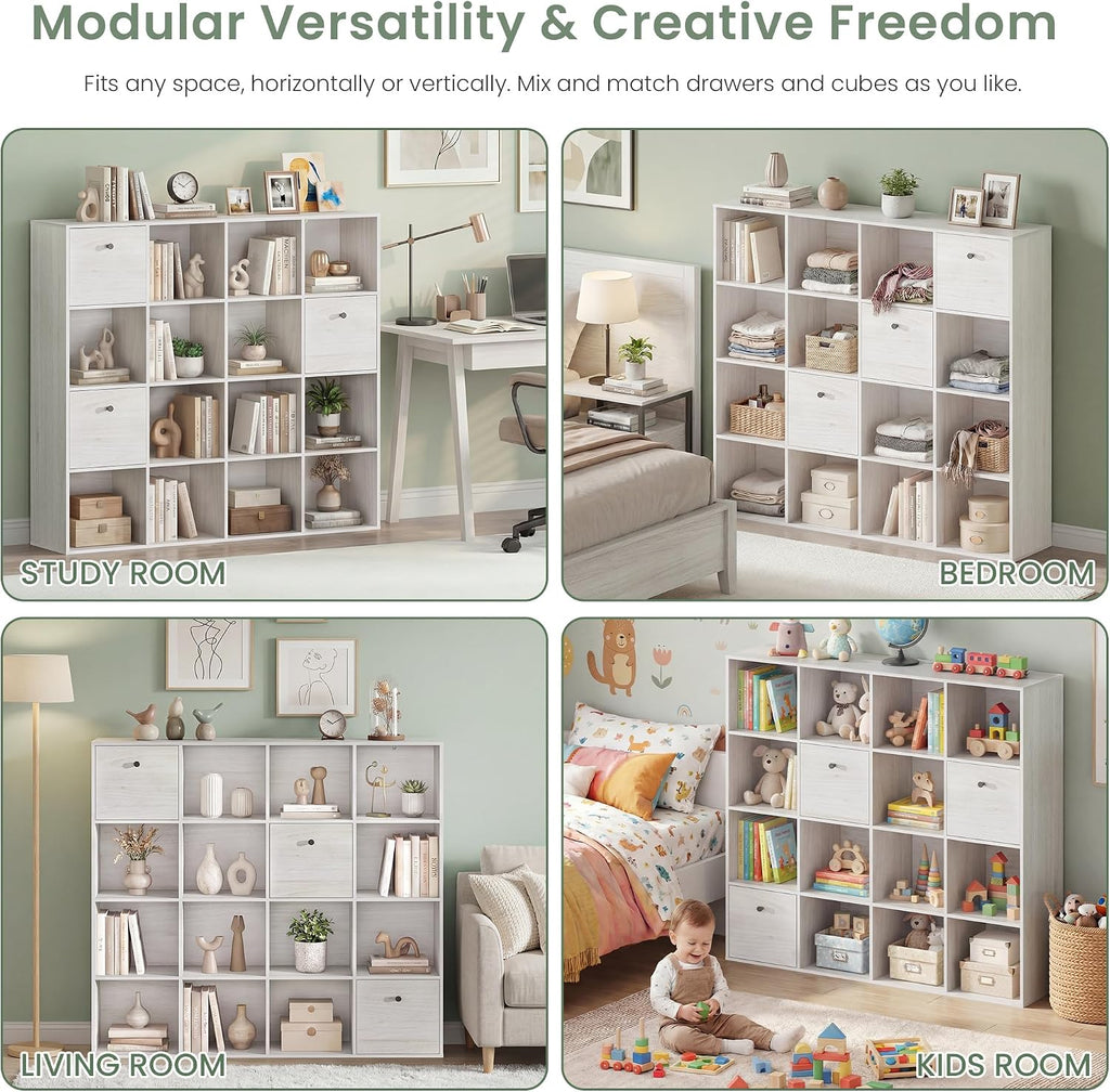 16‑Cube Bookshelf With 2 Fabric Drawers