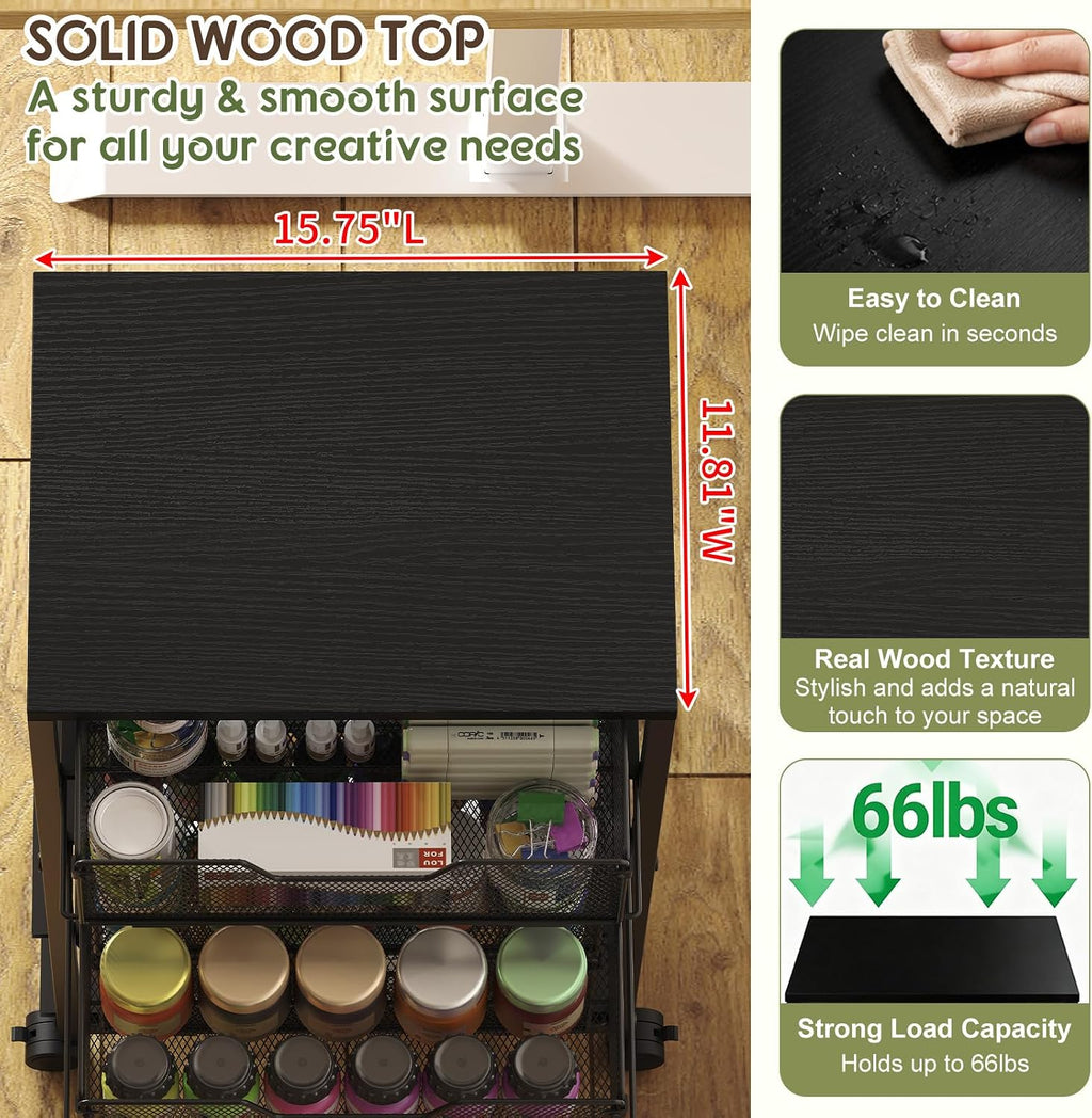 Rolling Cart With Wood Top & 4 Mesh Drawers