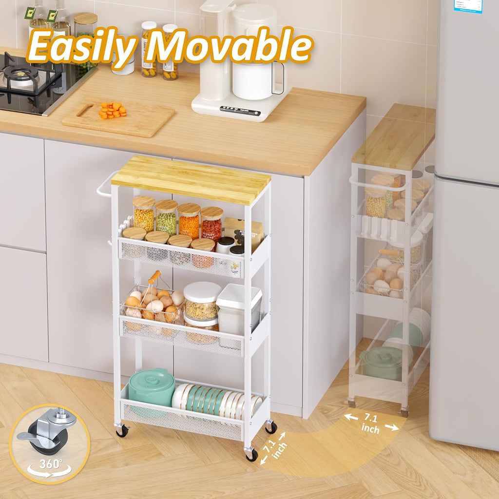 4‑Tier Slim Rolling Metal Storage Cart With Wood Top