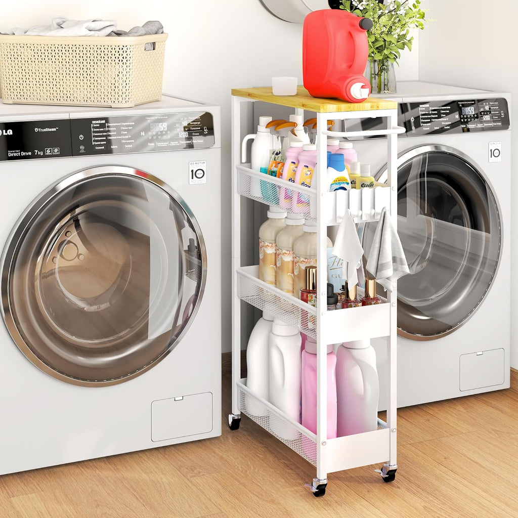 4‑Tier Slim Rolling Metal Storage Cart With Wood Top