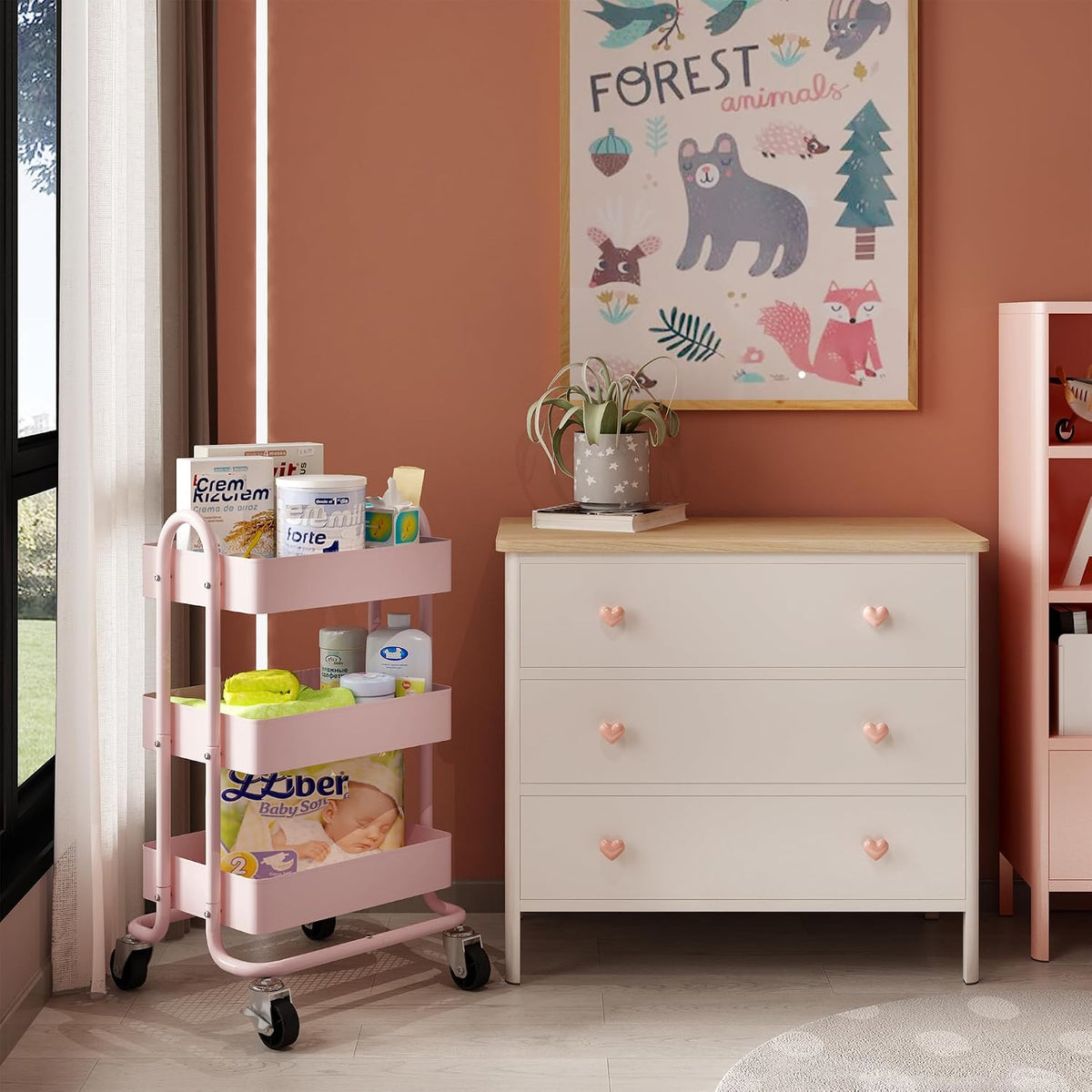 3‑Tier Pink Metal Rolling Utility Cart