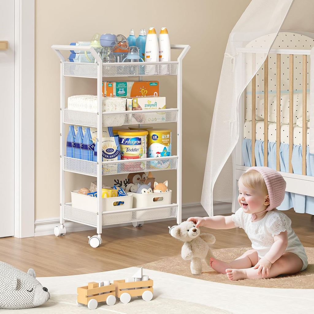 White 4‑Tier Rolling Baby Diaper Caddy Cart