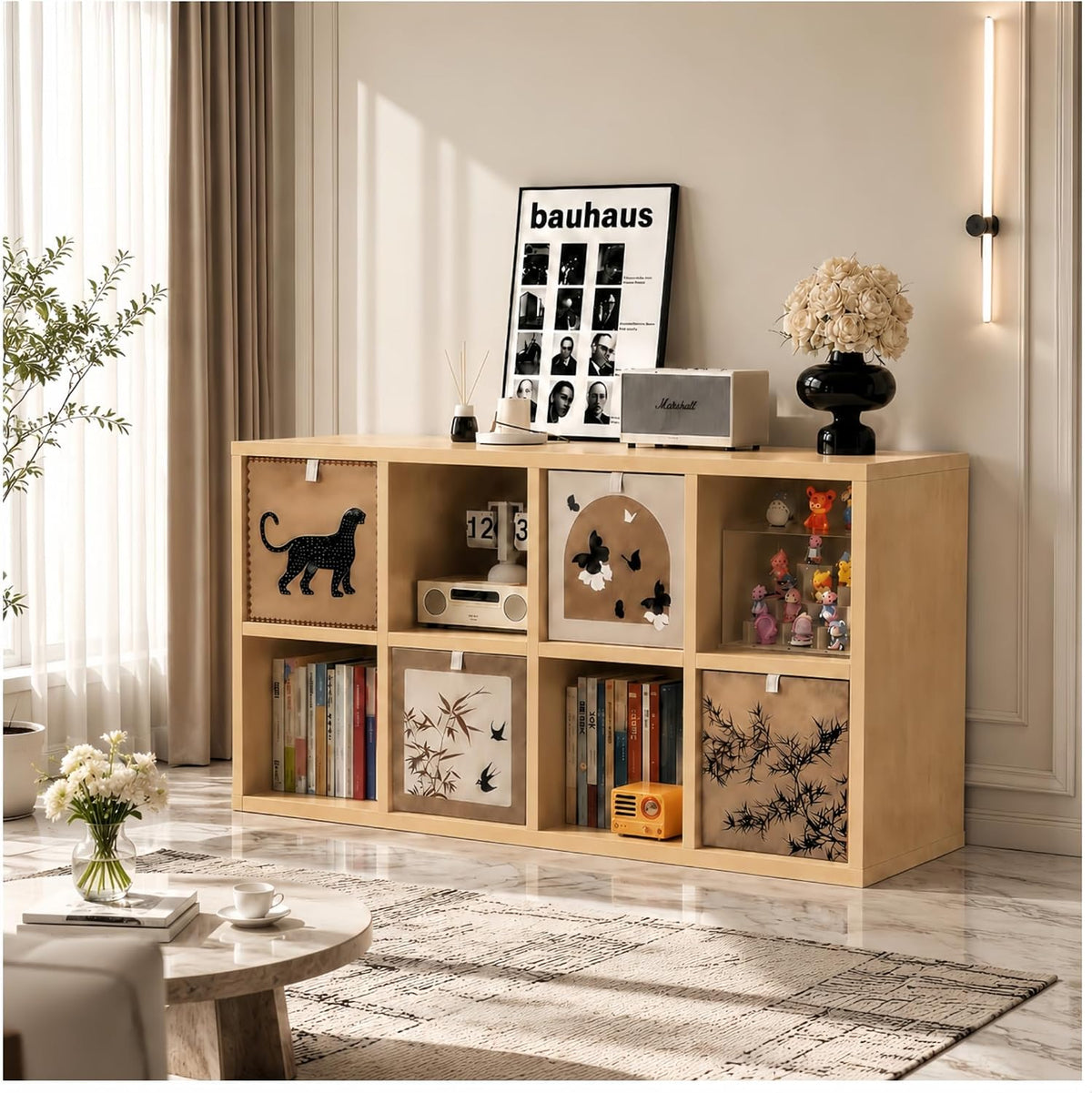 8‑Cube Low Bookshelf With 4 Bins