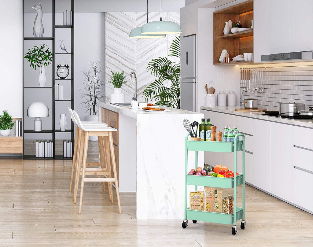 Green 3‑Tier Rolling Metal Storage Cart