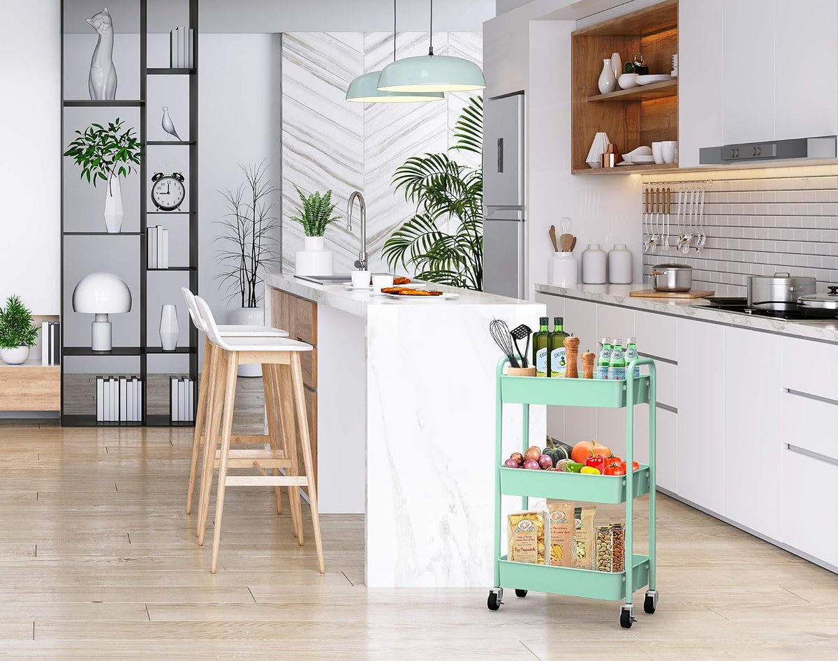 Green 3‑Tier Rolling Metal Storage Cart
