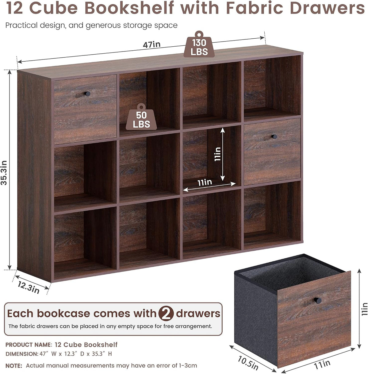 12‑Cube Bookshelf With 2 Fabric Drawers