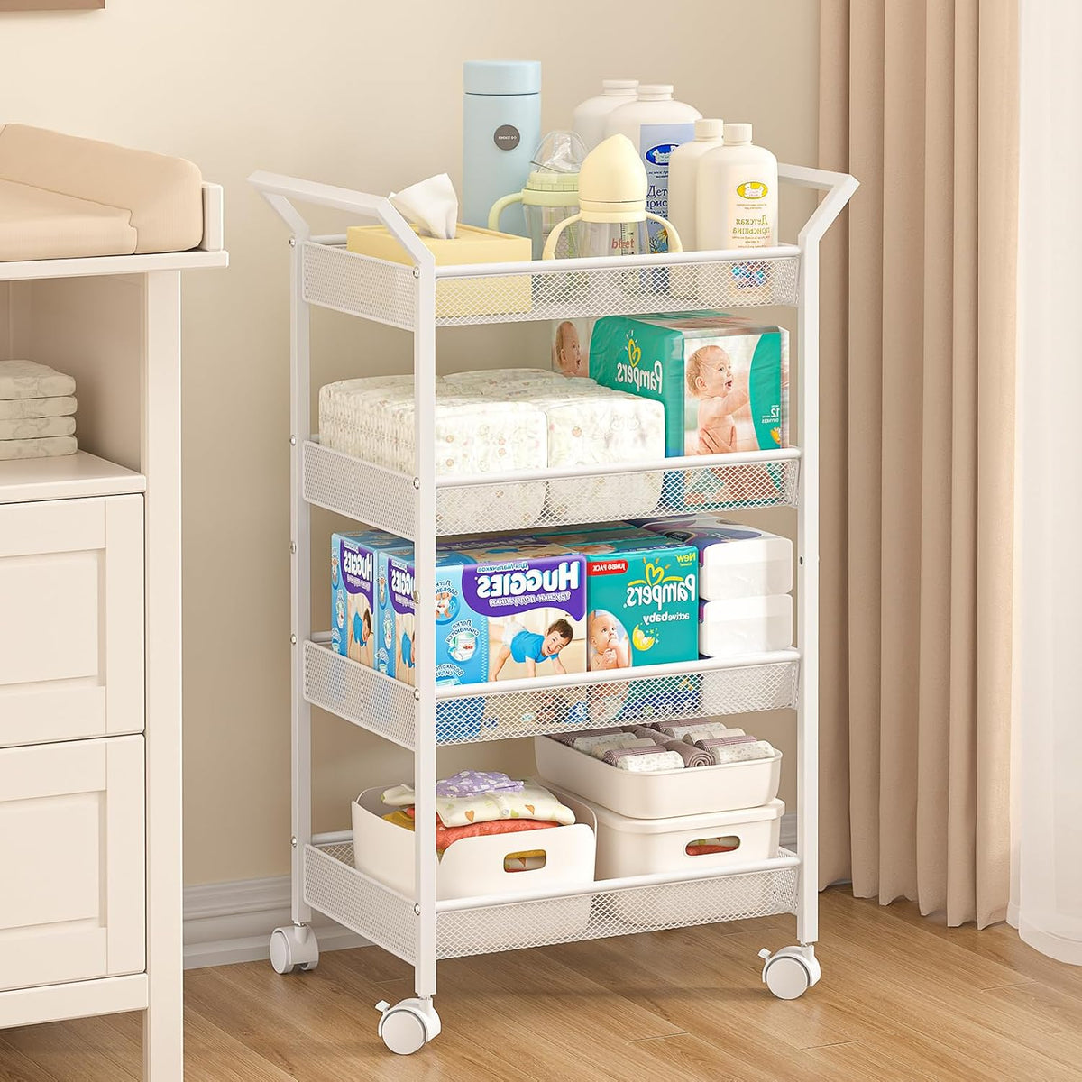 White 4‑Tier Rolling Baby Diaper Caddy Cart