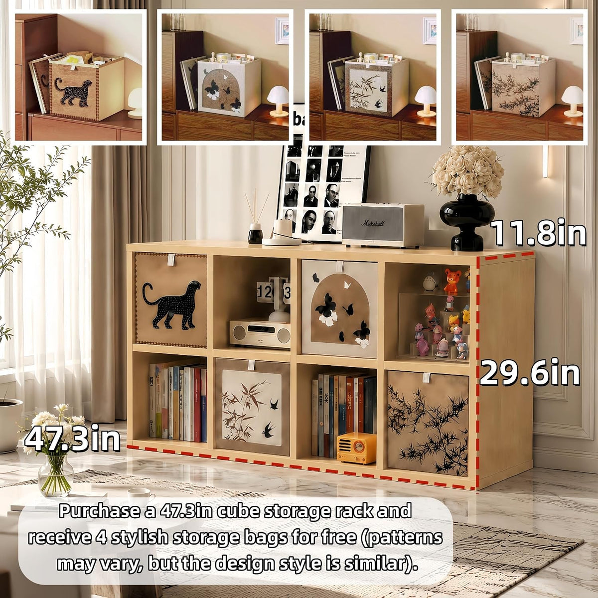 8‑Cube Low Bookshelf With 4 Bins