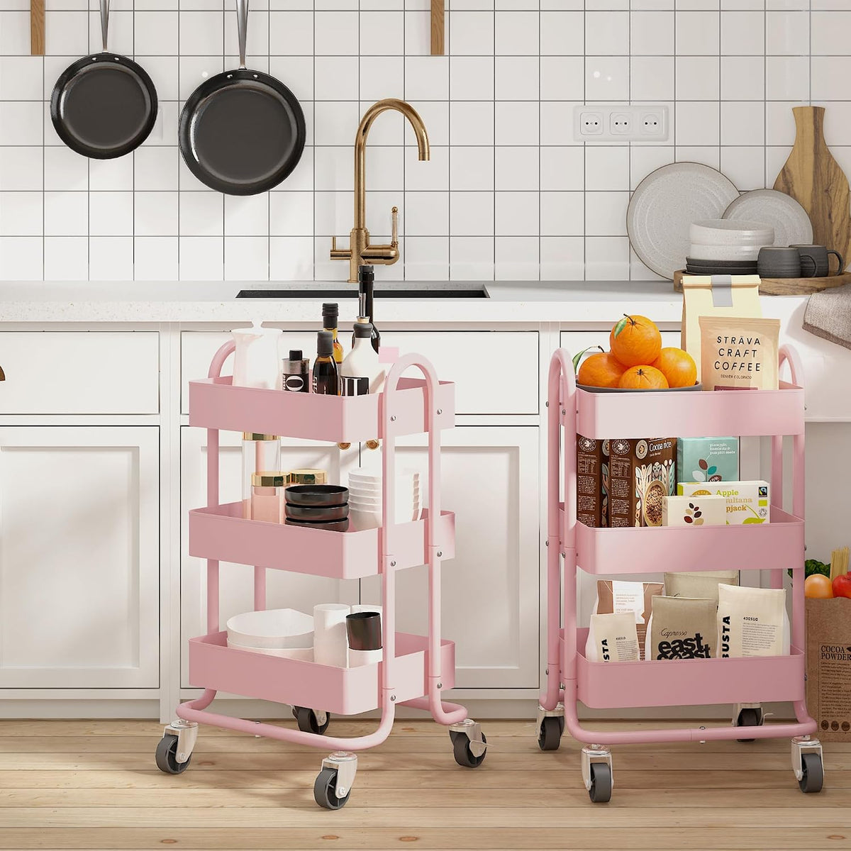 3‑Tier Pink Metal Rolling Utility Cart