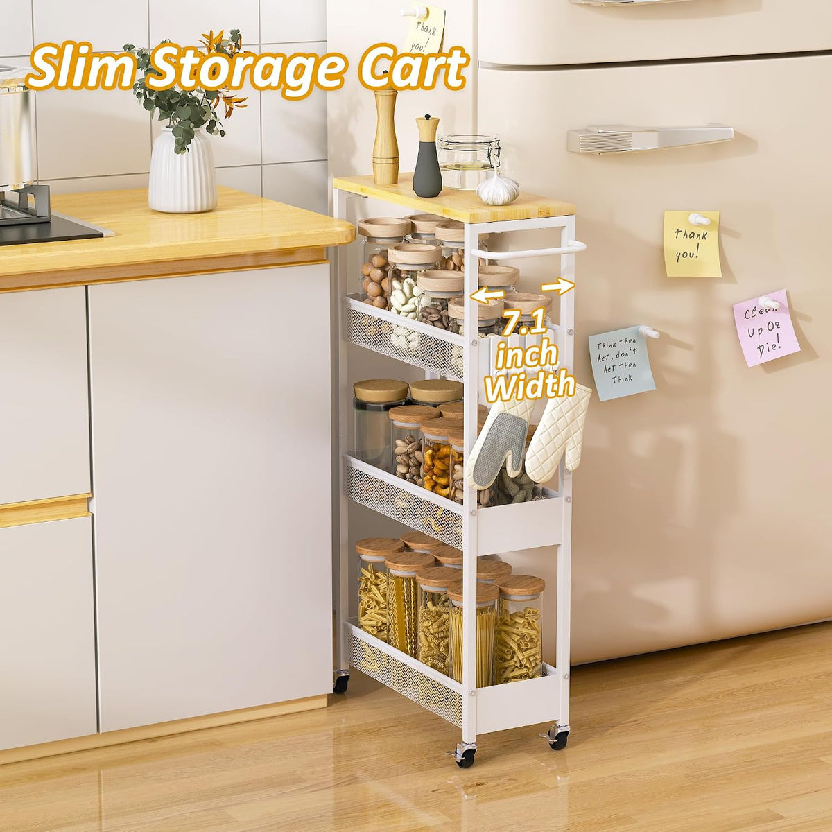 4‑Tier Slim Rolling Metal Storage Cart With Wood Top