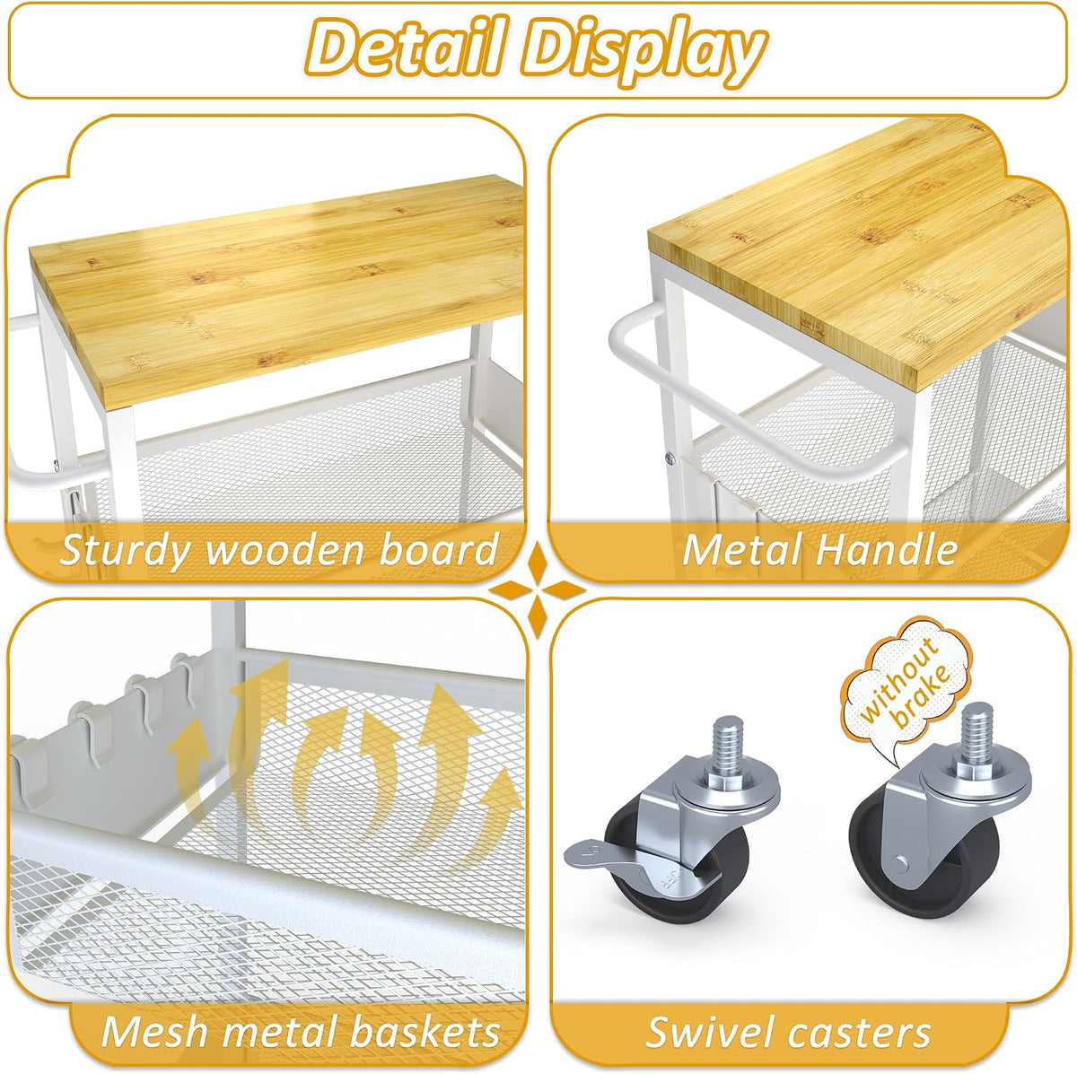 4‑Tier Slim Rolling Metal Storage Cart With Wood Top