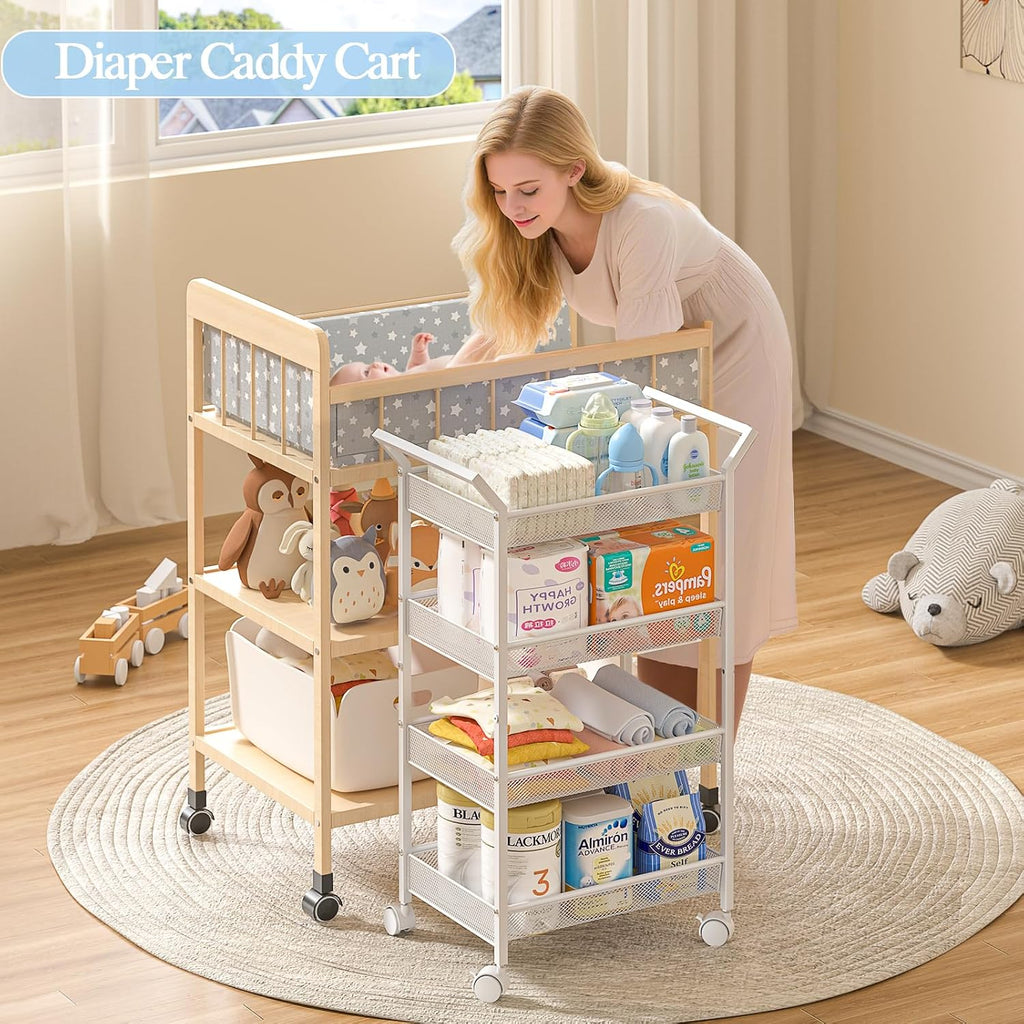 White 4‑Tier Rolling Baby Diaper Caddy Cart
