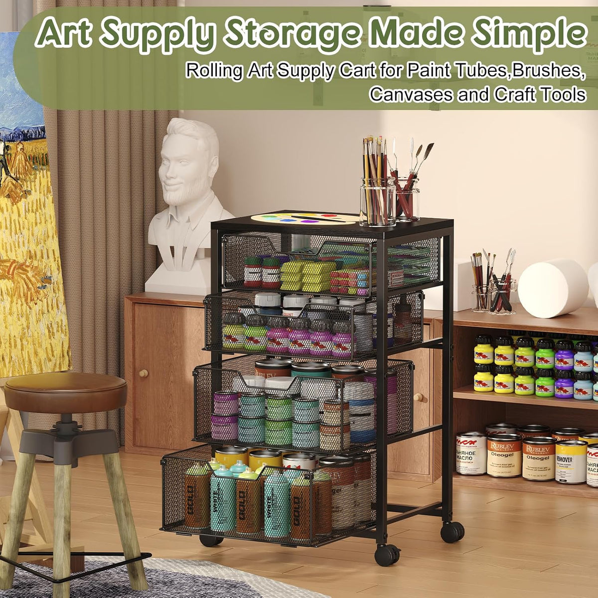 Rolling Cart With Wood Top & 4 Mesh Drawers