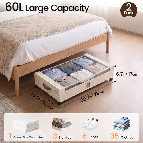2‑Pack Rolling Under‑Bed Storage Bins With Wheels