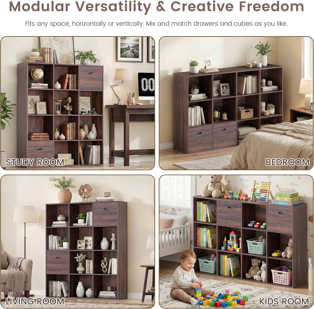 12‑Cube Bookshelf With 2 Fabric Drawers