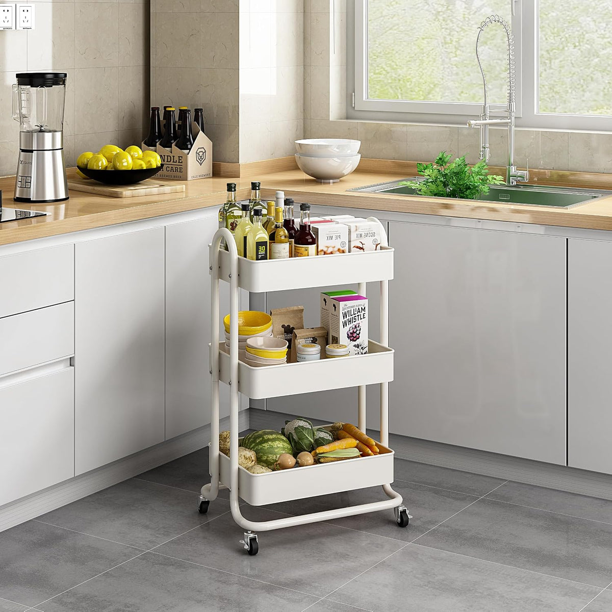 3‑Tier Metal Rolling Cart With Lockable Casters