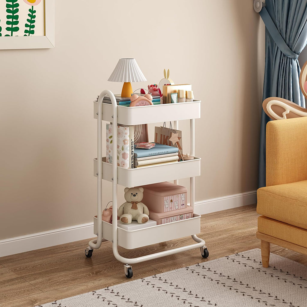 3‑Tier Metal Rolling Cart With Lockable Casters